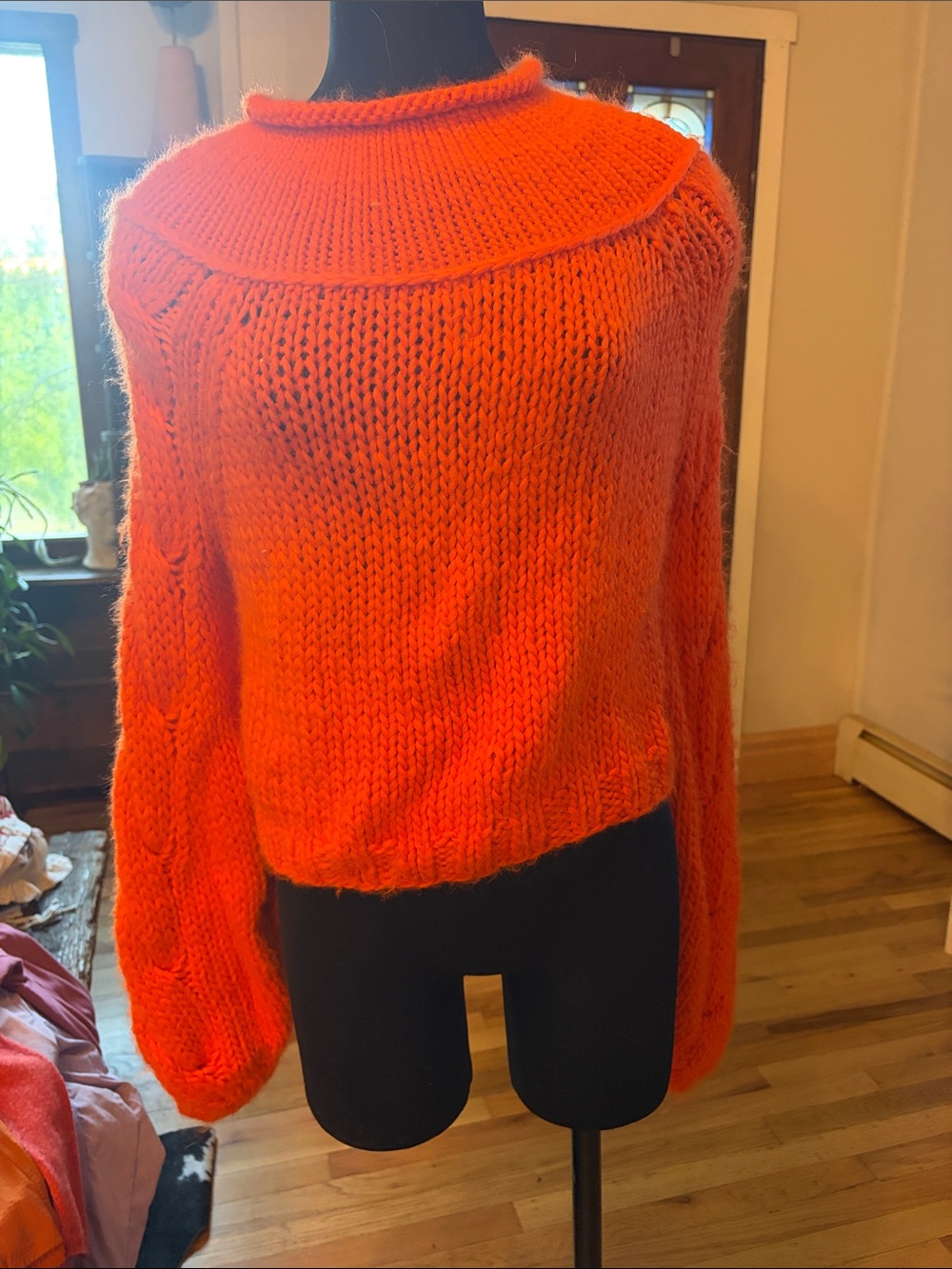 Free People Bright Orange Cable Sleeve Crop Sweater